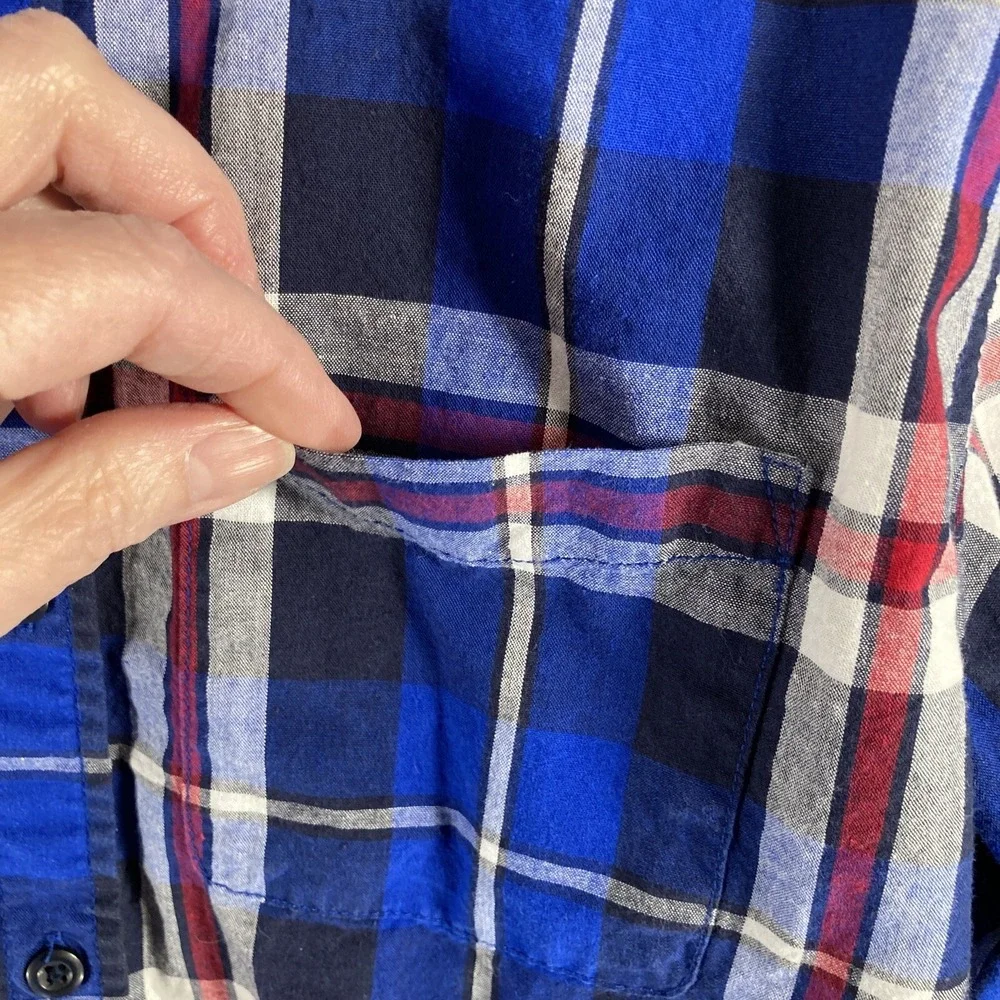 The Childrens Place Plaid Button Down Boys 16 XXL Blue Red White Cotton Shirt